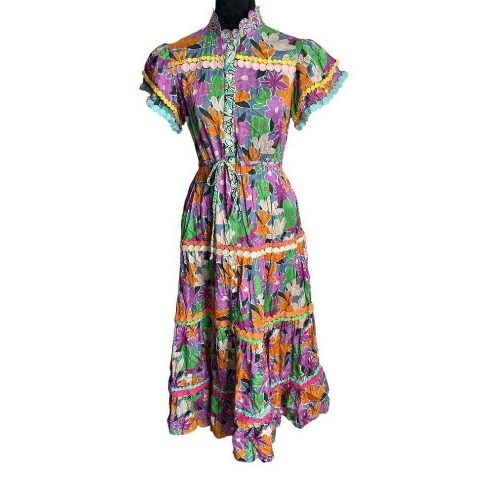 CeliaB Aneeta Floral Tiered Midi Dress XS Colorful Resort Garden Party Boho - Picture 3 of 7